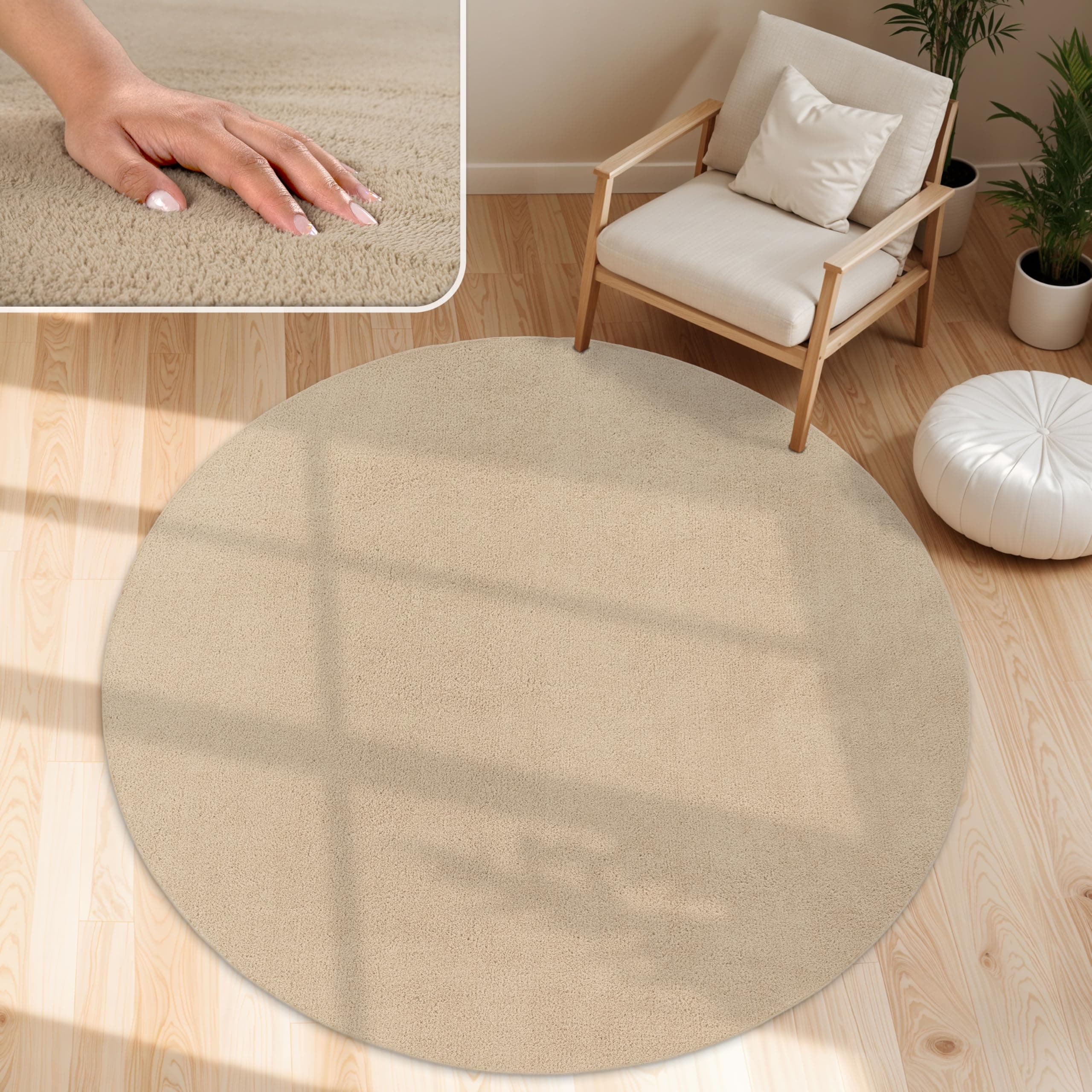 Paco Home Moderner Kuscheliger Wohnzimmer Teppich Kurzflor waschbar flauschig Weich Einfarbig Felloptik zeitlos stilvoll rutschfest pflegeleicht, Grösse:160 cm Rund, Farbe:Beige 2